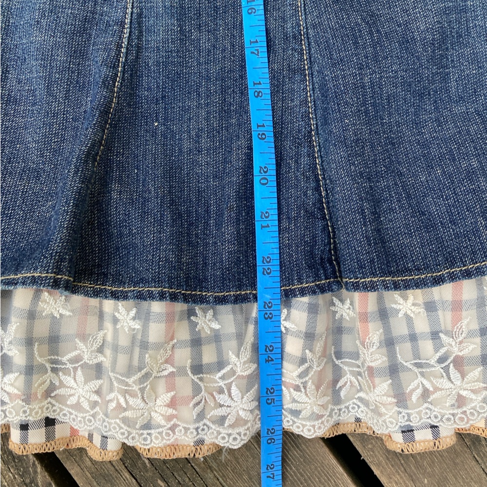 Boho IN LOOK JEANS Skirt Denim Blue Brown Cream Plaid Lace Ruffle Size 12 EU42 - Picture 8 of 14